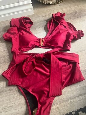 Red Two-Piece Bikini Set with High-Waist Tie